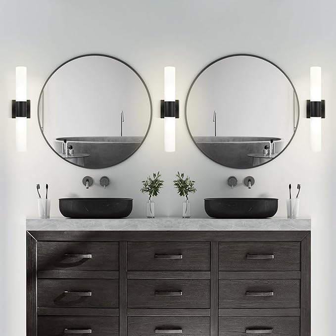 Kalium Wall Sconces Set of Two, Modern 21" Vanity, Frosted Glass, Black