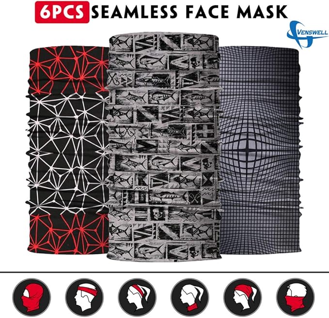 Neck Gaiter Mask, Sun Mask, Rave Bandana Face Mask, Seamless Face Scarf, Headband for Men Women (A-Black Series)