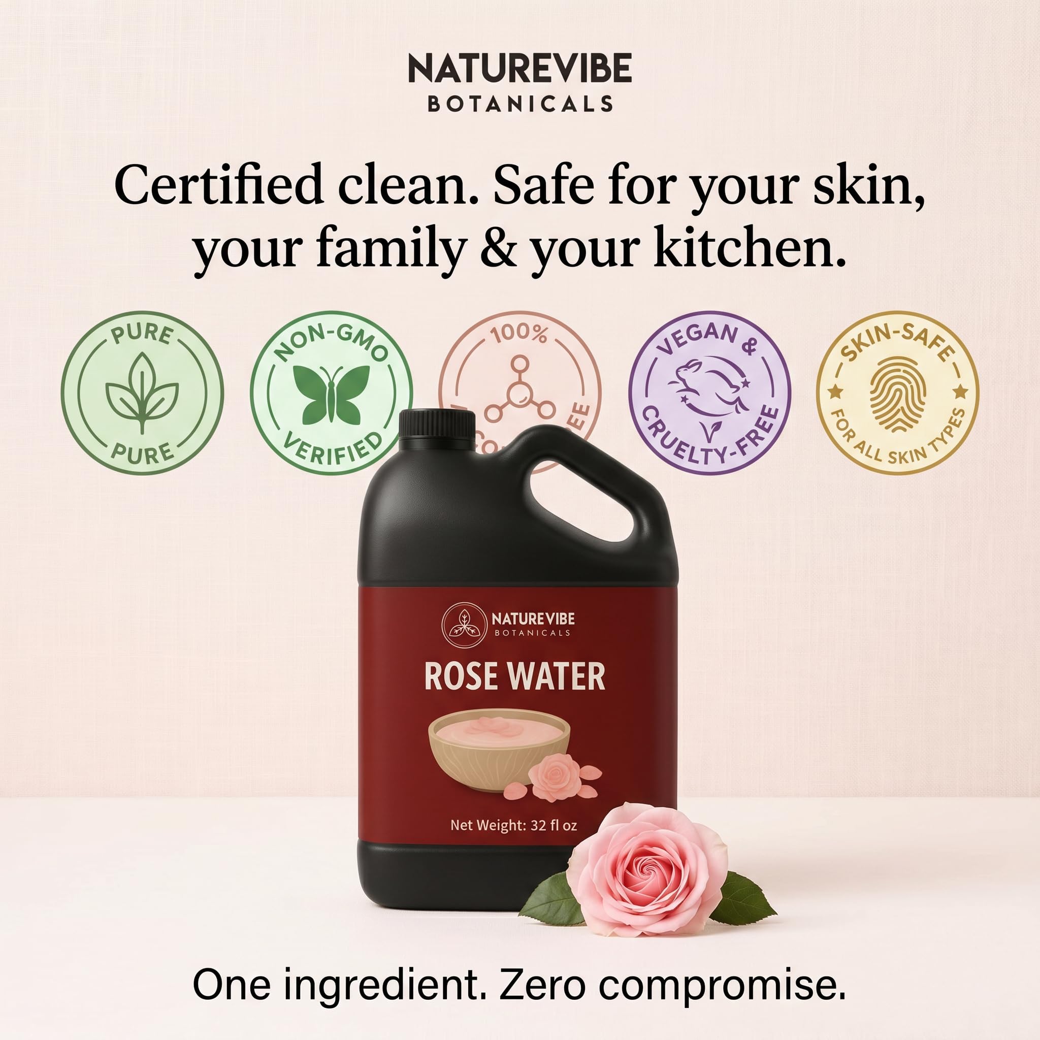 Naturevibe Botanicals Pure Rose Water Toner 32 oz Hydrating Facial Mist & Hair Spray | 100% Natural, Alcohol-Free Skin Care & Makeup Setting Spray