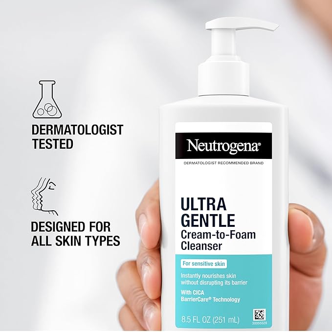 Neutrogena Ultra Gentle Cream-to-Foam Daily Facial Cleanser, Transforms from a Creamy Cleanser to a Foaming Face Wash, Gently Cleanses Sensitive Skin, Fragrance-Free, Hypoallergenic, 8.5 oz