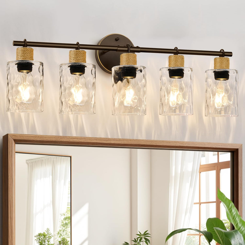 MOKATNG Bathroom Light Fixtures, 5-Light Coastal Vanity Lights with Crystal Glass Shade, Oil-Rubbed Bronze Bathroom Wall Lamp for Mirror Kitchen Hallway Cabinet