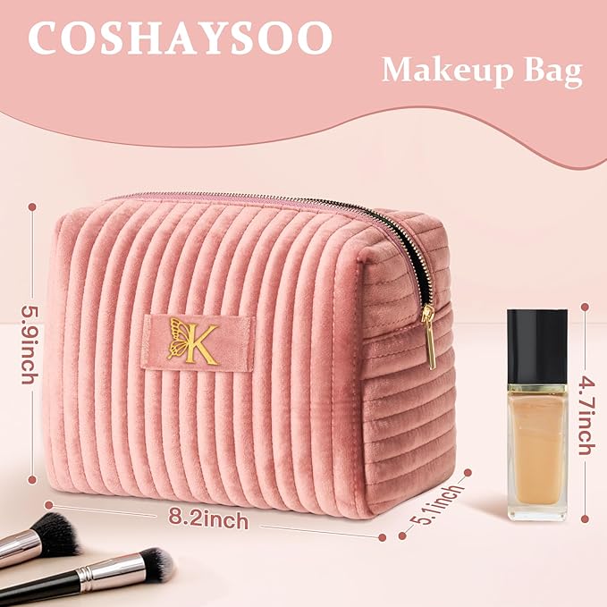 COSHAYSOO Sister Birthday Gifts for Women Best Friend Bestie Friendship Fashion Makeup Bag Make Up Cosmetic Pouch Travel Size Toiletries Skin Care Essentials Organizer Pink Velvet Initial Letter K