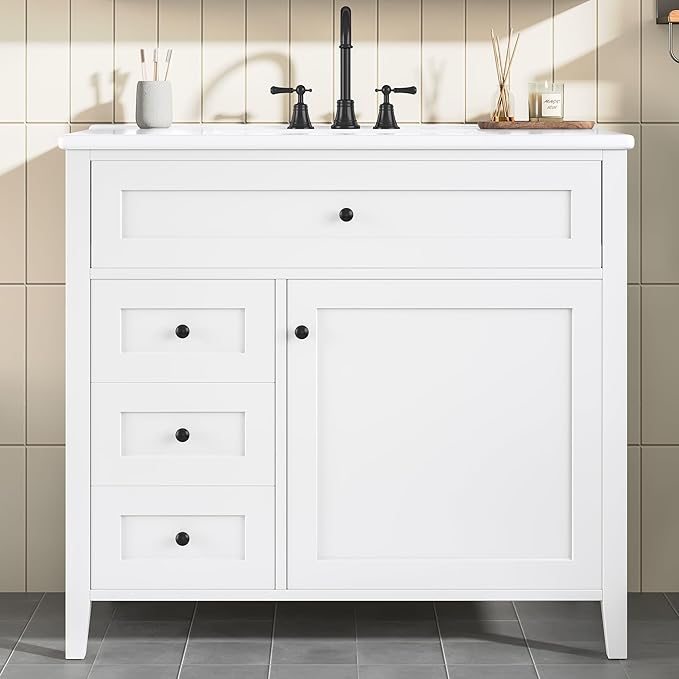 Harper & Bright Designs 36" Bathroom Vanity with Sink, Free Standing Vanity Set with 4 Drawers, Storage Racks, and Adjustable Shelf, Wood Bathroom Cabinet with Ceramic Basin for Bathroom, White