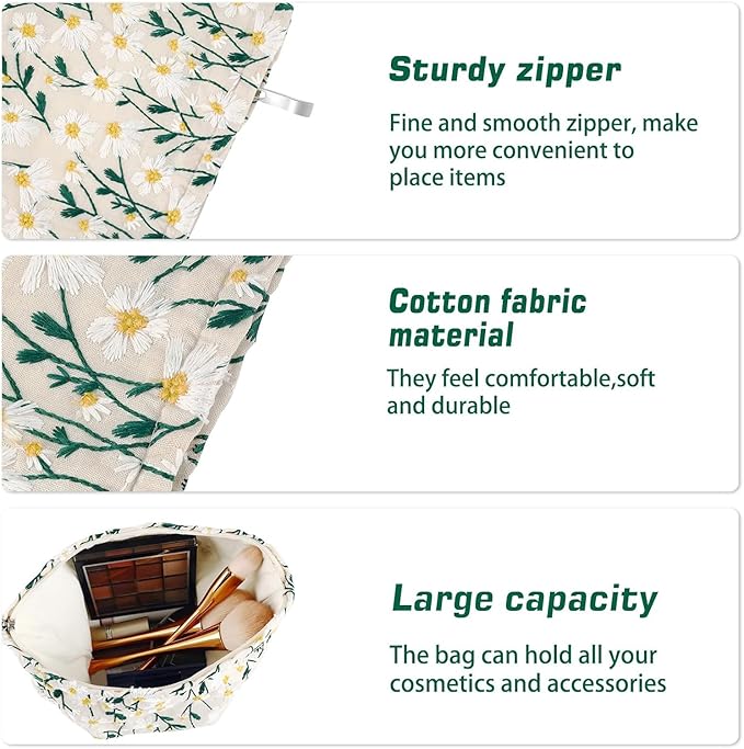 URSKYTOUS Flower Makeup Bag Travel Daisy Floral Cosmetic Bag for Women Cute Makeup Pouch Zipper Cosmetic Pouch for Purse Jacquard Aesthetic Floral Skincare Bag Portable Travel Toiletry Bag Organizer