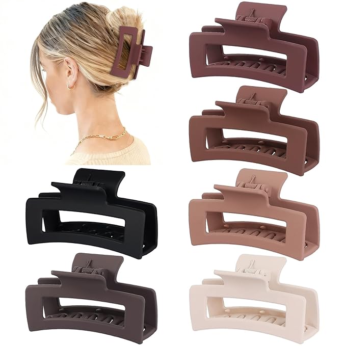 Sisiaipu 3.5 Inch Medium Hair Claw Clips 6 Pack Hair Clips for Women Square Rectangle Claw for Hair Banana Jaw Clips Hair Accessories for Girls -Brown Scarlet