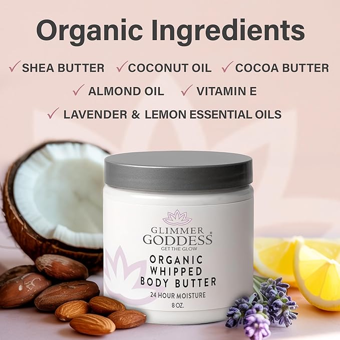 GLIMMER GODDESS Organic Whipped Body Butter Cream - with Shea & Cocoa Butter, Almonds & Coconut Oil - Mango Vanilla, 8oz