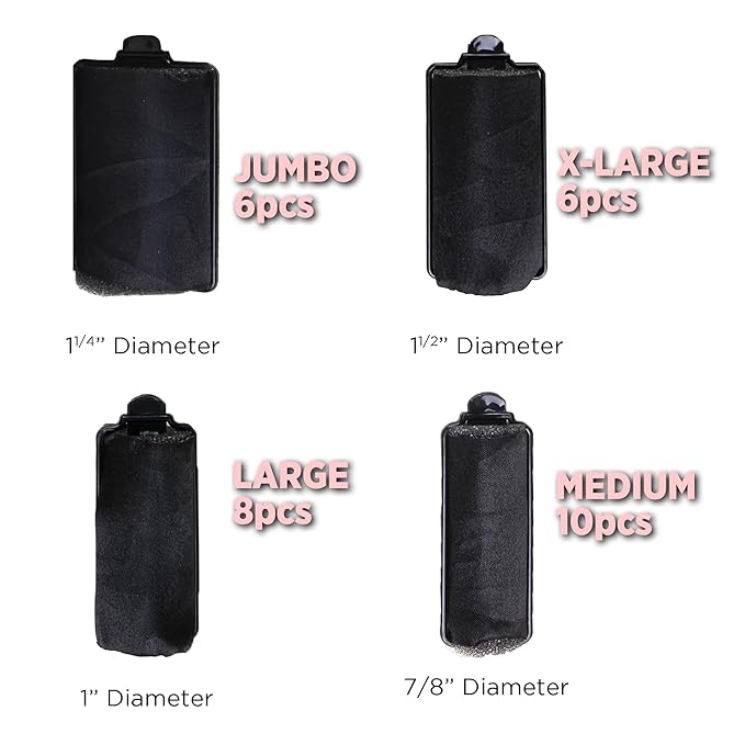 DONNA Silky Satin Foam Rollers 1.25"(D) 6PCS XL Hair Styling Heatless Curlers and Clips for Hairdressing BLACK