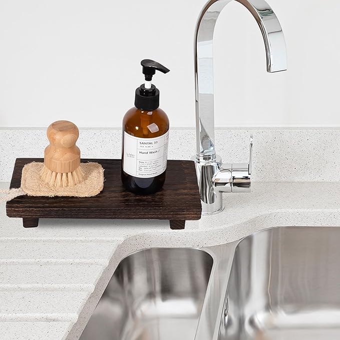 Wood Bathroom Tray Farmhouse Decor Kitchen Soap Holder, 10"x4.5" Drak Brown