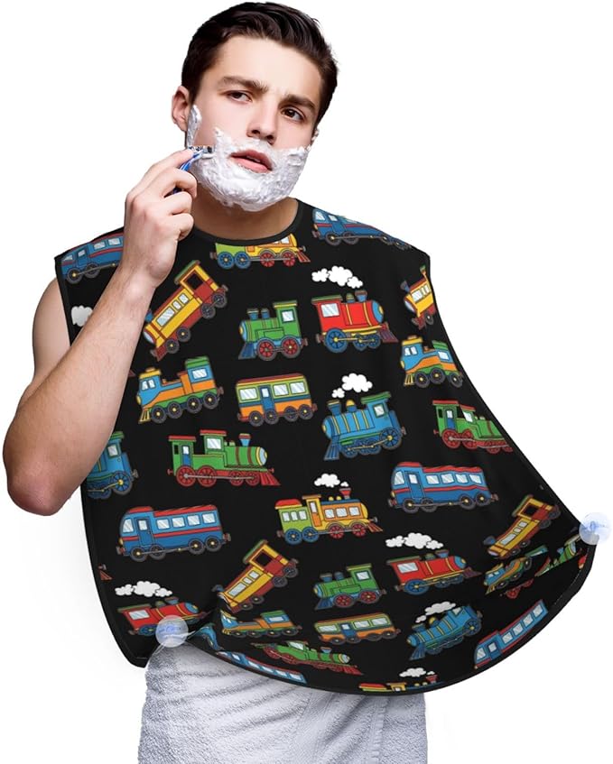 Non-Stick Beard Bib for Shaving, Cartoon Train Black Shave Bib, Waterproof Hair Catcher with Suction Cups, Grooming Apron Men Husband
