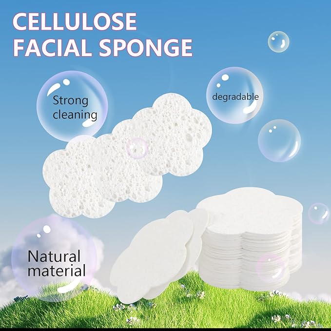 50-Count Facial Sponges Compressed Facial Sponges Natural Facial Cleansing Sponges Pads Cute Flower Shape Exfoliating Sponges for Cleansing Reusable,Best Makeup Gift, White