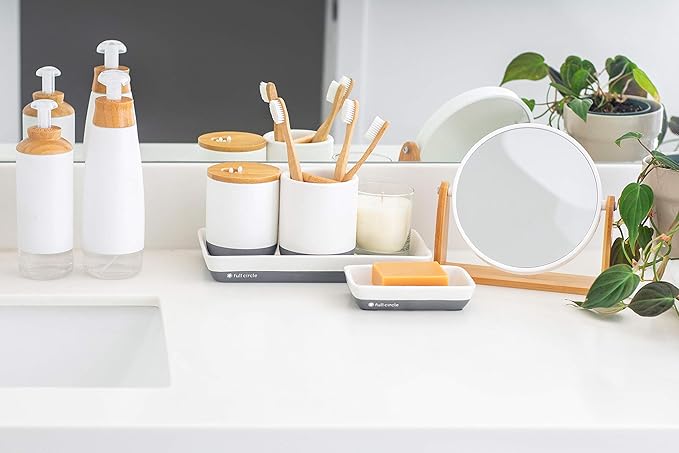 Full Circle Pick Me Up Cotton Swab and Q-Tip Canister, White & Bamboo
