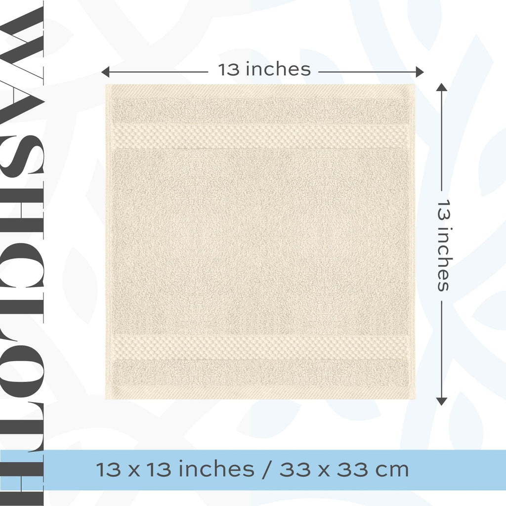 White Classic Luxury Cotton Washcloths 13x13 Inch - 650 GSM Turkish Cotton | Hotel, Spa, Bathroom Face Towel | 12 Pack, Ivory