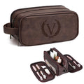 Travel Toiletry Bag For Mens PU Leather Engraved Initials (Dark Brown V)