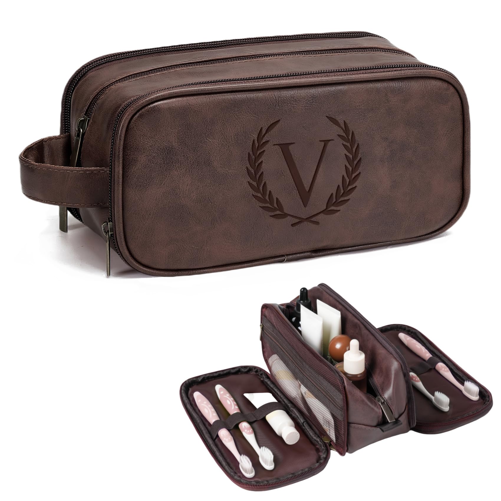 Travel Toiletry Bag For Mens PU Leather Engraved Initials (Dark Brown V)