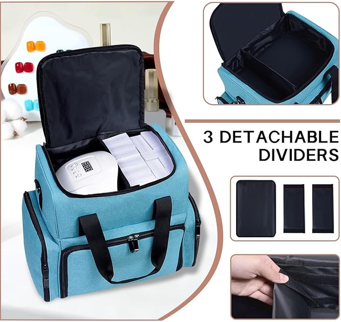 Nail Polish Organizer Case Holds 80 Bottles (15ml - 0.5 fl.oz) and a Nail Lamp,Nail Polish Case with 2 Removable Bags and Tools Storage Sections Lake Green