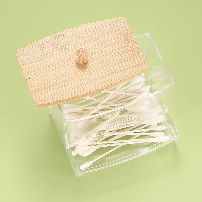 Fulushouxi 2 Pcs Cotton Pad Holder, Bathroom Makeup Organizers Containers for Cotton Ball/Swab/Round Pads/Floss/Hair Ties Canister Vanity Storage Jars Dispenser Holder wuth Bamboo Lid