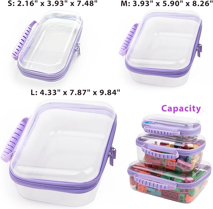 JZRTravel 3 Pack Clear Hard Shell Zipper Case with Handle Waterproof PET Hard Plastic Storage Pouches for Toiletry Makeup Cosmetic Toys Art Supplies Case Bag Organizer Travel Essentials