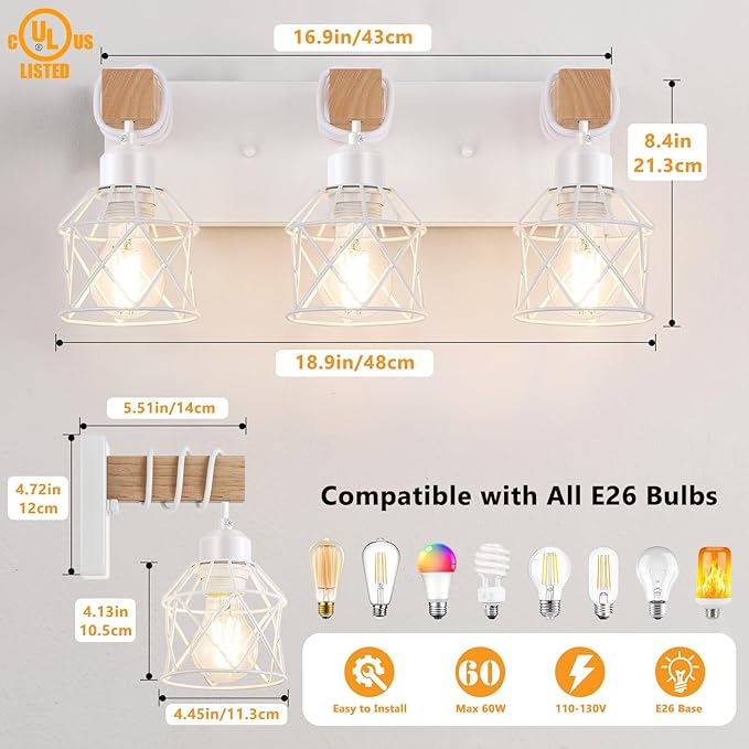 FadimiKoo 3-Light Farmhouse White Bathroom Vanity Light Fixtures, Rustic Wood Vanity Lights for Bathroom, Modern Bath Sconces Wall Lighting with Elegant Metal Shade for Mirror, Living Room, Bedroom