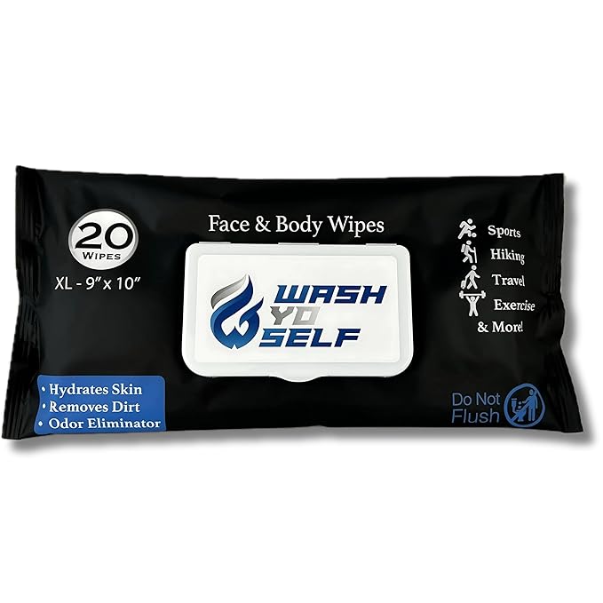 Wash Yo Self Body Wipes, 1 Resealable Snap-Lid Pack (20 XL Wipes), No-Rinse Face & Body Wipes for Adults & Kids, Unscented Wet Wipes for Home, Car, Gym, Camping & Travel