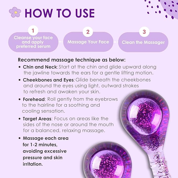Facial Ice Globes, Cryo Cooling Balls with Anti-Slip Handle for Face, Eyes & Neck, Relaxing Beauty Massage Tool for Soothing and Refreshing Skincare Routine, Glitter Purple