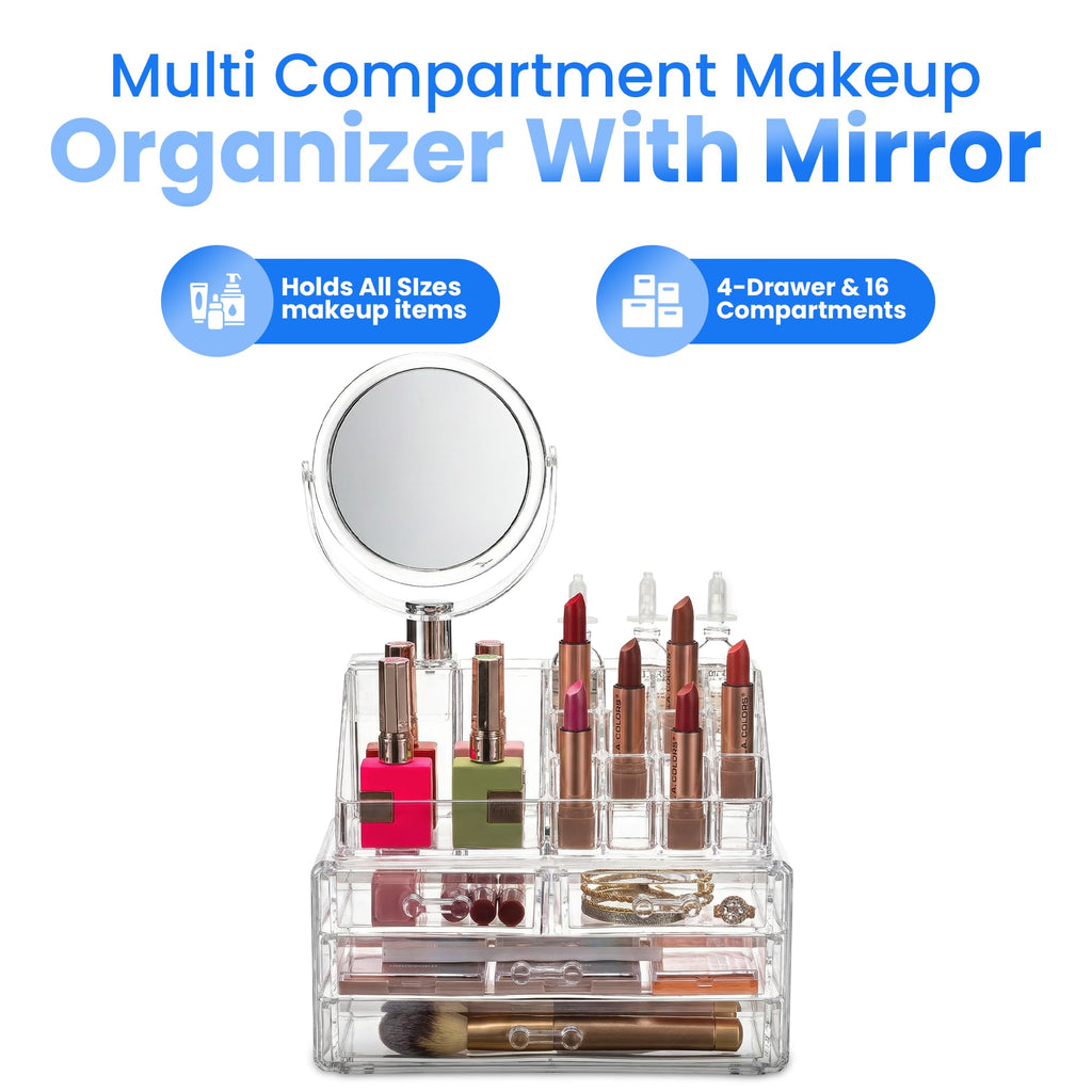 Masirs Clear Makeup Organizer with Mirror – 16-Compartment Cosmetic and Jewelry Holder, 4-Drawer Vanity Storage, Elegant Clear Design for Makeup and Accessories