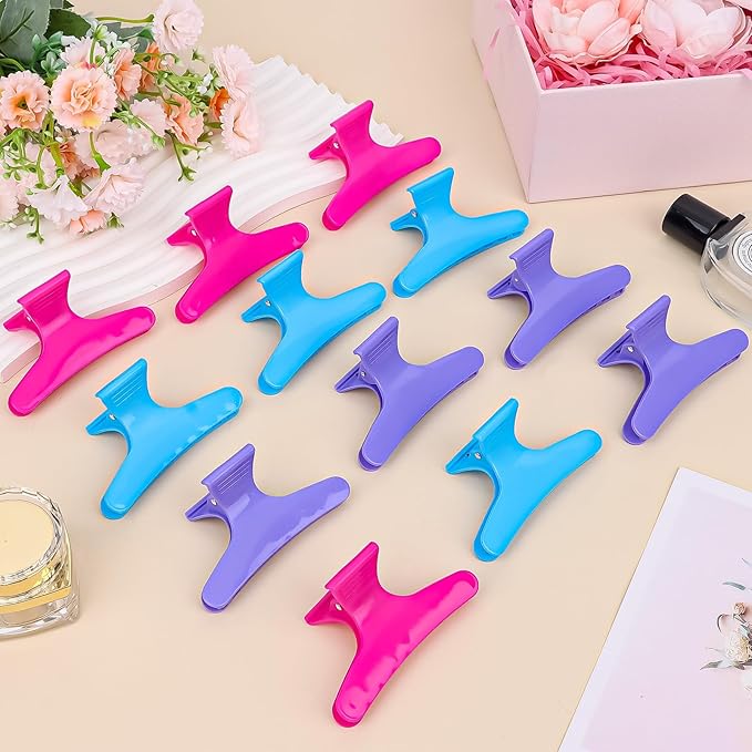 BAHABY Hair Clips for Styling Sectioning 12 Pack Hot Pink Purple Blue Butterfly Clamps Hair Claw Clips Pro Salon Hair Clips for Styling, Sectioning, Cutting and Coloring