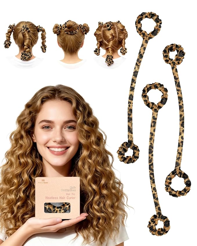 BONNET QUEEN 3 Pack Small Satin Heatless Hair Curler for Medium to Long Thick Hair, Heatless Curls Overnight, Hair Curlers to Sleep In, Damage-Free Small Curls with Built-in Scrunchie, Leopard