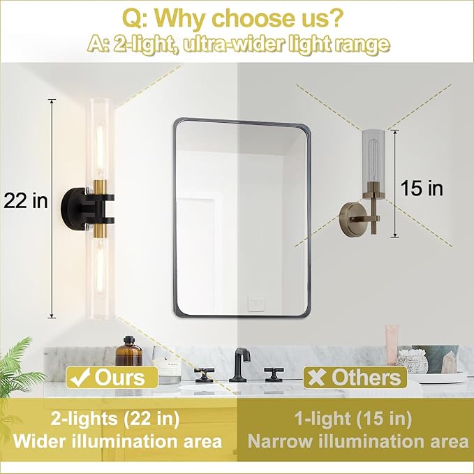 Wall Sconces Set of Two, 22" Black and Gold Bathroom Sconces with Clear Glass, Hardwired Modern Sconces Wall Decor Set of 2 Wall Light fixtures for Bathroom Mirror Living Room Hallway Bedroom