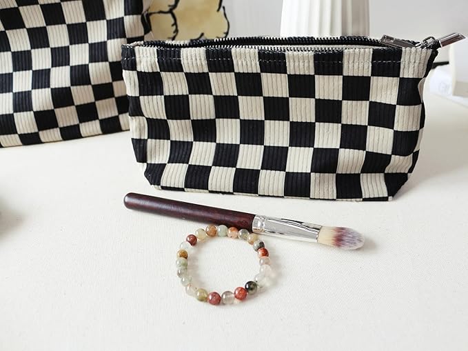 HAPPYHEIDI Checkered Corduroy Makeup Bag Set 3 Women Cosmetic Toiletry Travel Pouch Purse Accessory Organizer, 3-Size, Vintage Black Tan-White