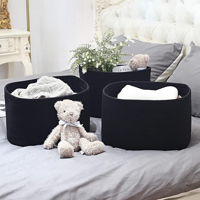 Cotton Rope Storage Basket, 15x10x9 Inches, Woven Basket for Shelves, Clothes, Towels, Books, and Laundry, Black (2 Pack)