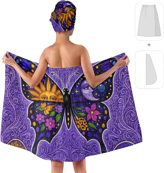 Women's Boho Butterfly Towel Wrap and Hair Drying Cap Set – Celestial Moon Sun Print Spa Wrap – Quick Dry Microfiber Bath Wrap for Dorm, Gift, Witchy Girls (Butterfly)