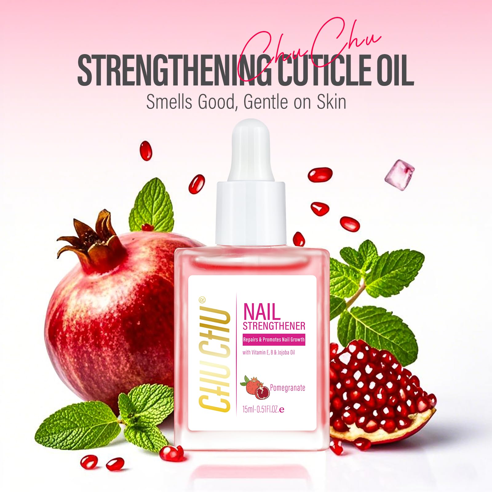 CHUCHU Vegan Cuticle Oil for Nails: Pomegranate Jojoba Nail Cuticle Oil with Vitamin B & E for Moisturizes Cuticle and Nail's Skin - Prevents Hangnails and Chapped 15ML