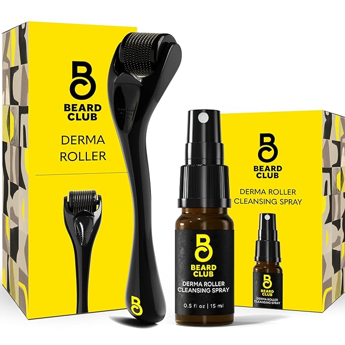 The Beard Club Derma Roller & Cleansing Spray Kit – Microneedling Roller for Beard, Scalp & Face with Beard Roller & Microneedle Cleaner – At-Home Micro Needling Skin Device for Men and Women