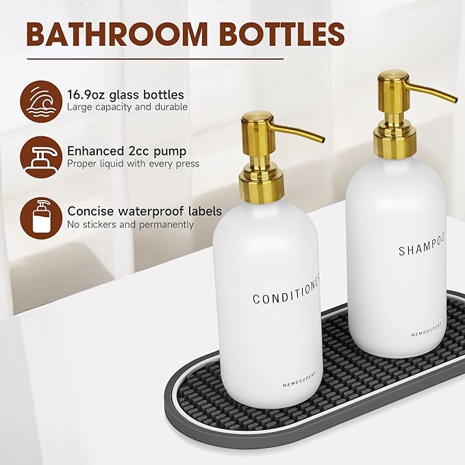 Nemosupery White Glass Shampoo and Conditioner Dispenser Set –16.9oz Refillable Bottles with Stainless Steel Pump, Non-Slip Mat & Waterproof Labels –Shampoo Conditioner Body Wash Dispenser for Shower