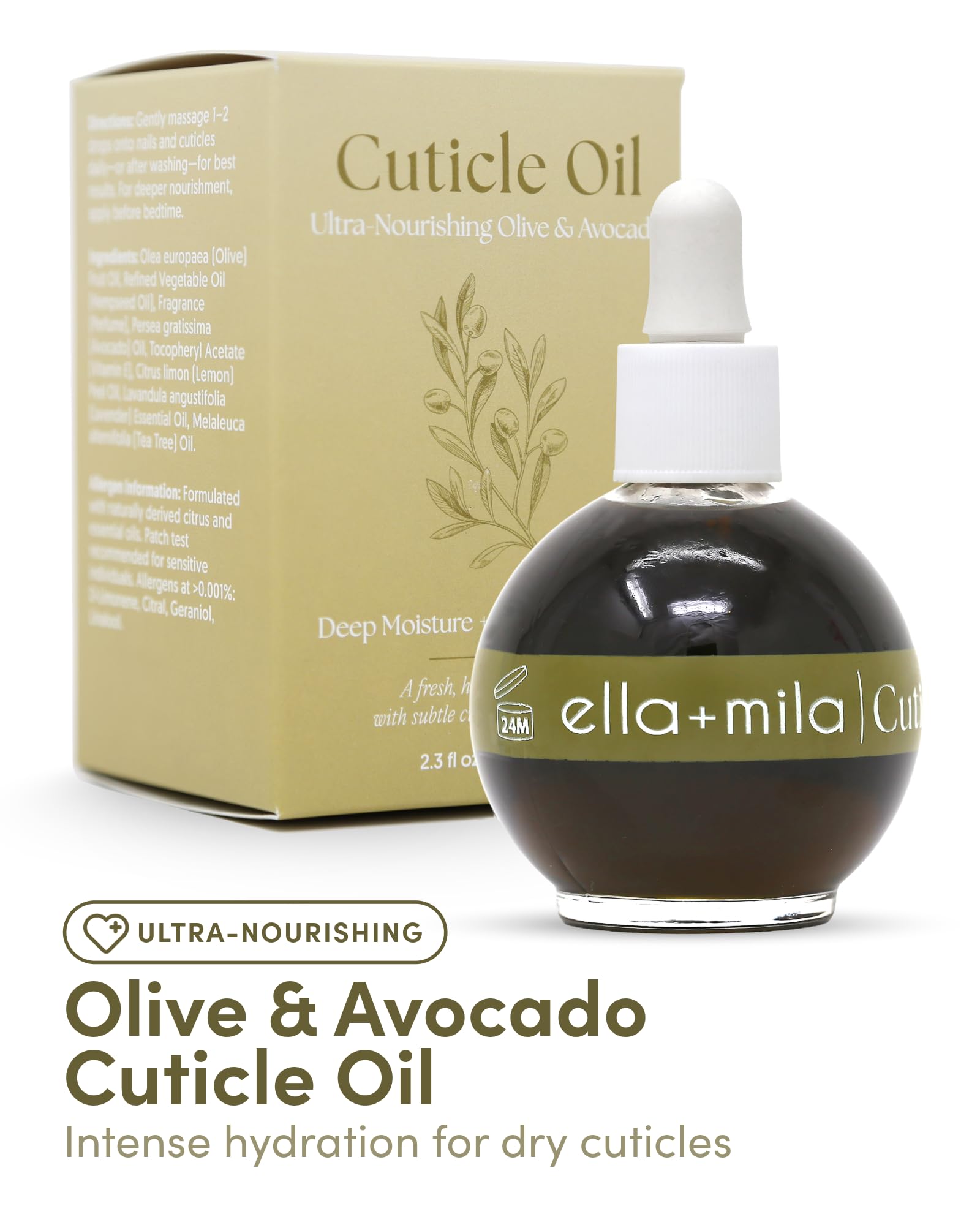 ella+mila Cuticle Oil for Nails - Olive & Avocado, Vegan, 2.3 fl oz