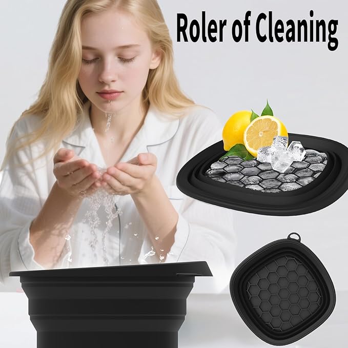 EBIGIC Face Bowl for Ice with Built-in IceTray,Collapsible Silicone Face Ice Bowl – Cold Plunge Therapy for Skin Tightening & Facial Treatment– Portable Spa Tool for Home & Travel（Black)