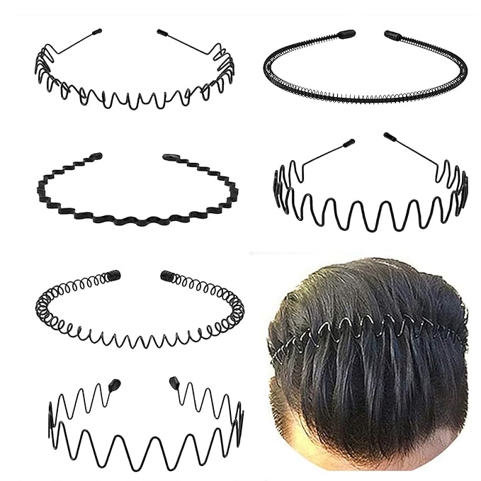 Metal Headband for Men, Adjustable Wavy Hair Band, Classic Wave 6 Pcs