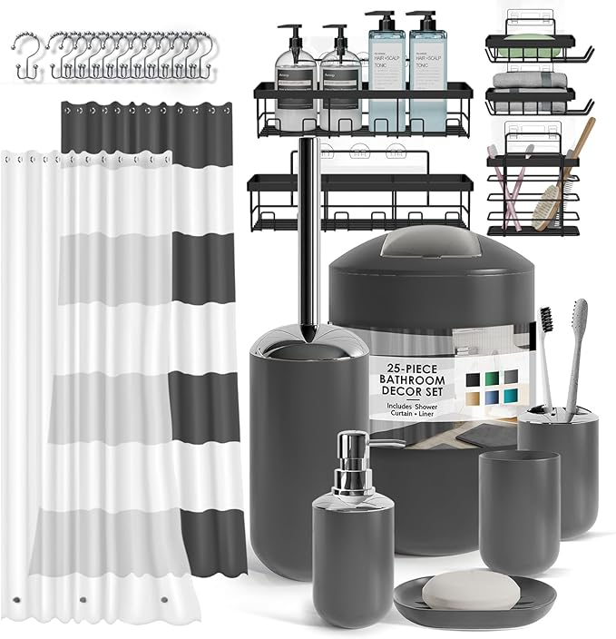 Clara Clark Bathroom Accessories Set - 23PC Shower Curtain Set with Bathroom Trash Can, Green Bathroom Set, Bathroom Sets with Shower Curtain and Green Rugs