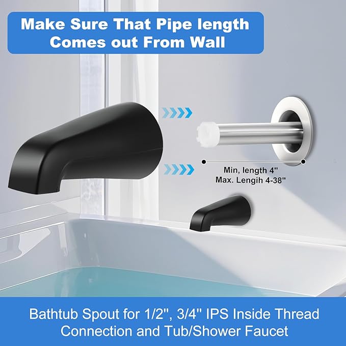 Universal Bath Tub Spout with Adapter, Bathtub Faucet Spout Without Diverter, 5" Length Bathtub Spout for 1/2'', 3/4'' IPS Inside Thread Connection and Tub/Shower Faucet (Matte Black)