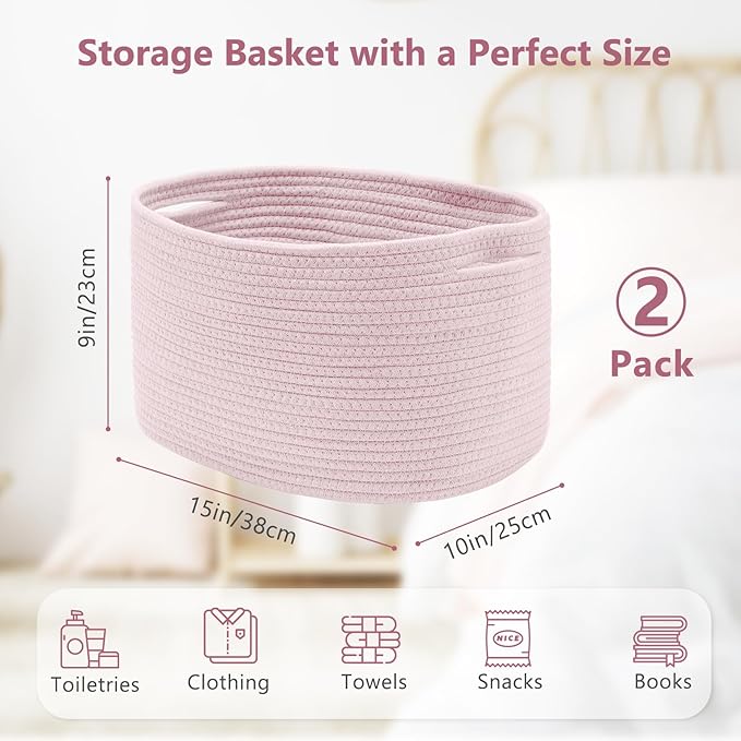 Cotton Rope Storage Basket, 15x10x9 Inches, Woven Basket for Shelves, Clothes, Towels, Books, and Laundry, Light Pink (2 Pack)