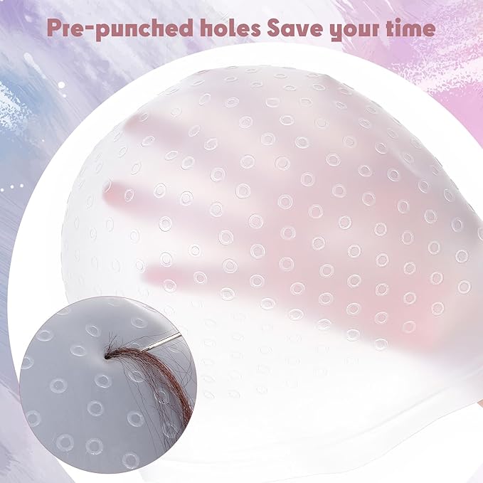 Silicone Highlight Hair Cap with Brushes and Needle, Professional Reusable Highlighting Poked Hole Hooks for Color Hair Salon Hairdressing Dyeing Staining Tools for Women Men