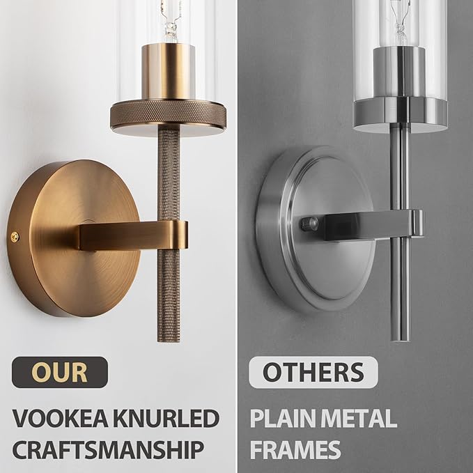 15" Knurled Bronze Hardwired Wall Sconces Set of 2, Bathroom Vanity Light Fixtures with Clear Glass Tube, Modern Lamp Lighting for Bedroom, Living Room, Hallway, Staircase, Mirror, Kitchen