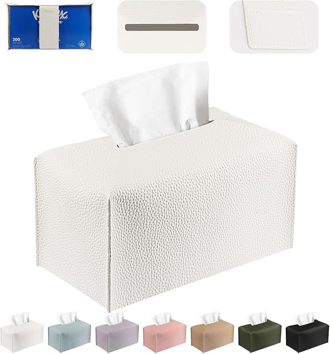 PARIERIS Tissue Box Cover PU Leather Tissue Holder Rectangle Facial Tissue Case Tissue Box Organizer Dispenser for Bathroom, Kitchen, Home, Office, Tabletop (White, Short)