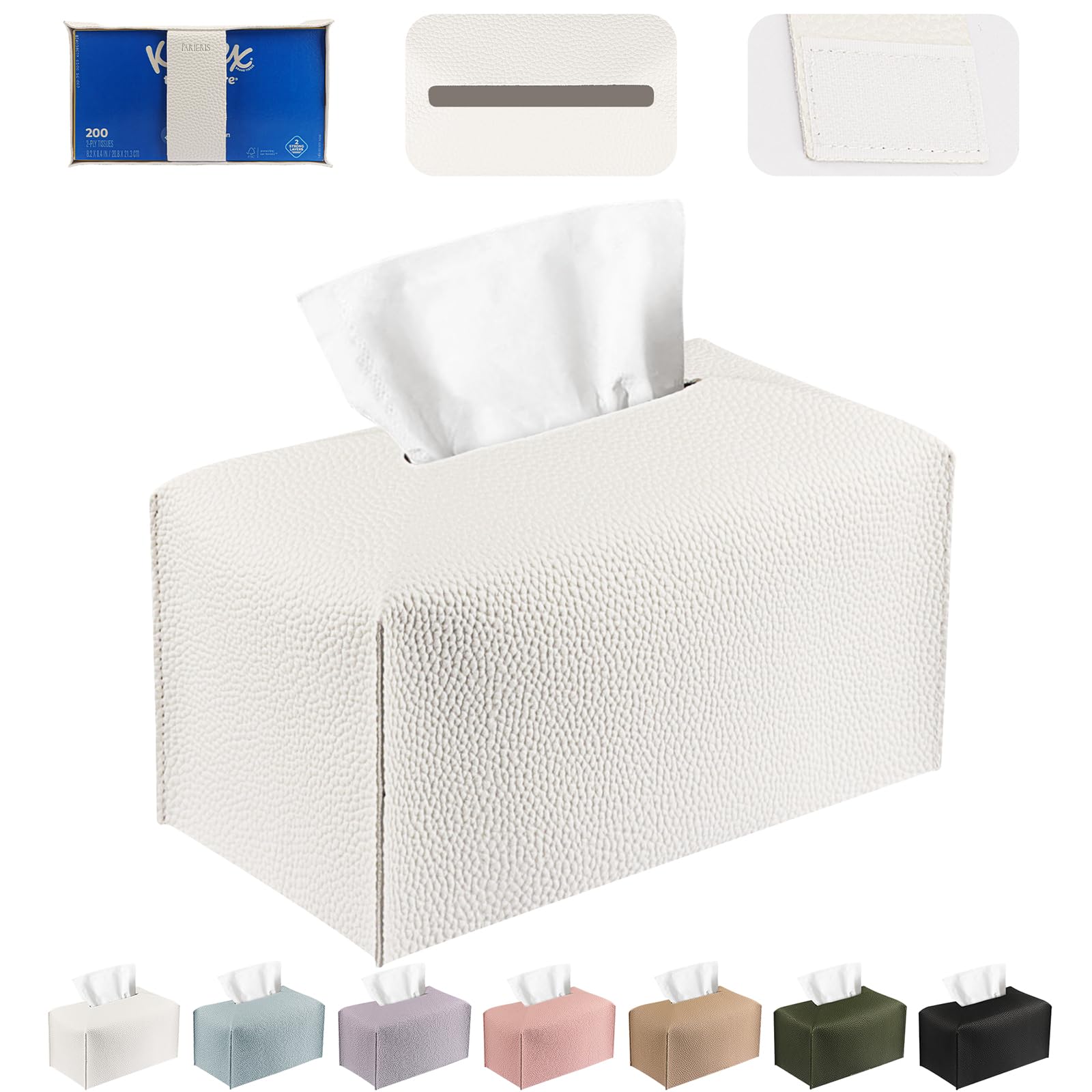 PARIERIS Tissue Box Cover PU Leather Tissue Holder Rectangle Facial Tissue Case Tissue Box Organizer Dispenser for Bathroom, Kitchen, Home, Office, Tabletop (White, Short)