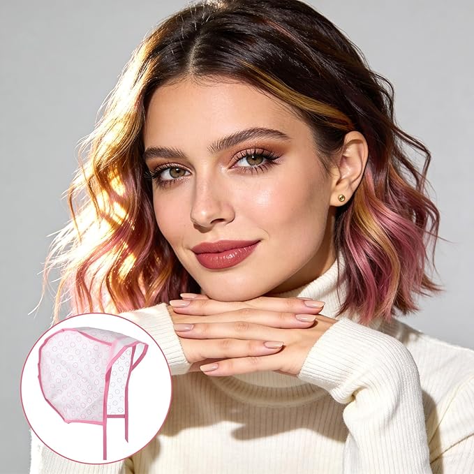 12 Pcs Highlighting Caps with Hooks, 4 Sets of Pink Hair Coloring Frosting Dye Kits with 3 Metal Hook and 2 Hair Dye Brush for Salon Hair Dyeing Hairdressing and DIY Dyeing Hair, Pink Highlight Cap