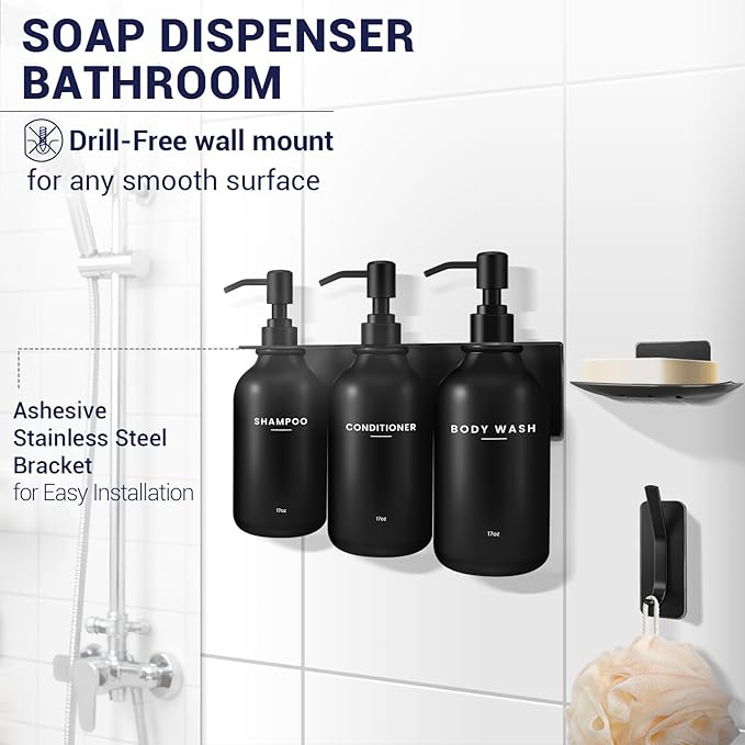 KLL Shampoo and Conditioner Dispenser Set - Shower Soap Dispenser Wall Mounted - Drill Free 16.9 fl oz Set of 3 Plastic Pump Bottles and Soap Holder - Shampoo Dispenser, Shower Dispenser - Black