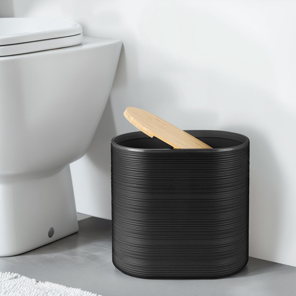 IMAVO Bathroom Accessory Set-11Pcs Black Bathroom Accessories Set with Trash Can,Soap Dispenser,Soap Dish,Toothbrush Holder,Toothbrush Cup,Toilet Brush Holder,Qtip Holder Dispenser with Labels
