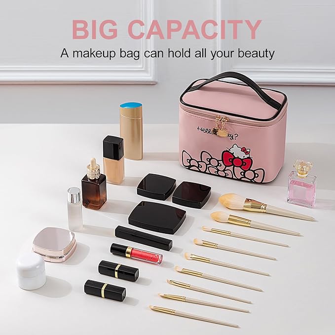 Vimanllie Travel Makeup Bag Large Cosmetic Bags with Brush Holder,Pink Waterproof 2PCS Portable Cosmetic Case for Women,Toiletry Bag for Skincare&Beauty Tools for Her