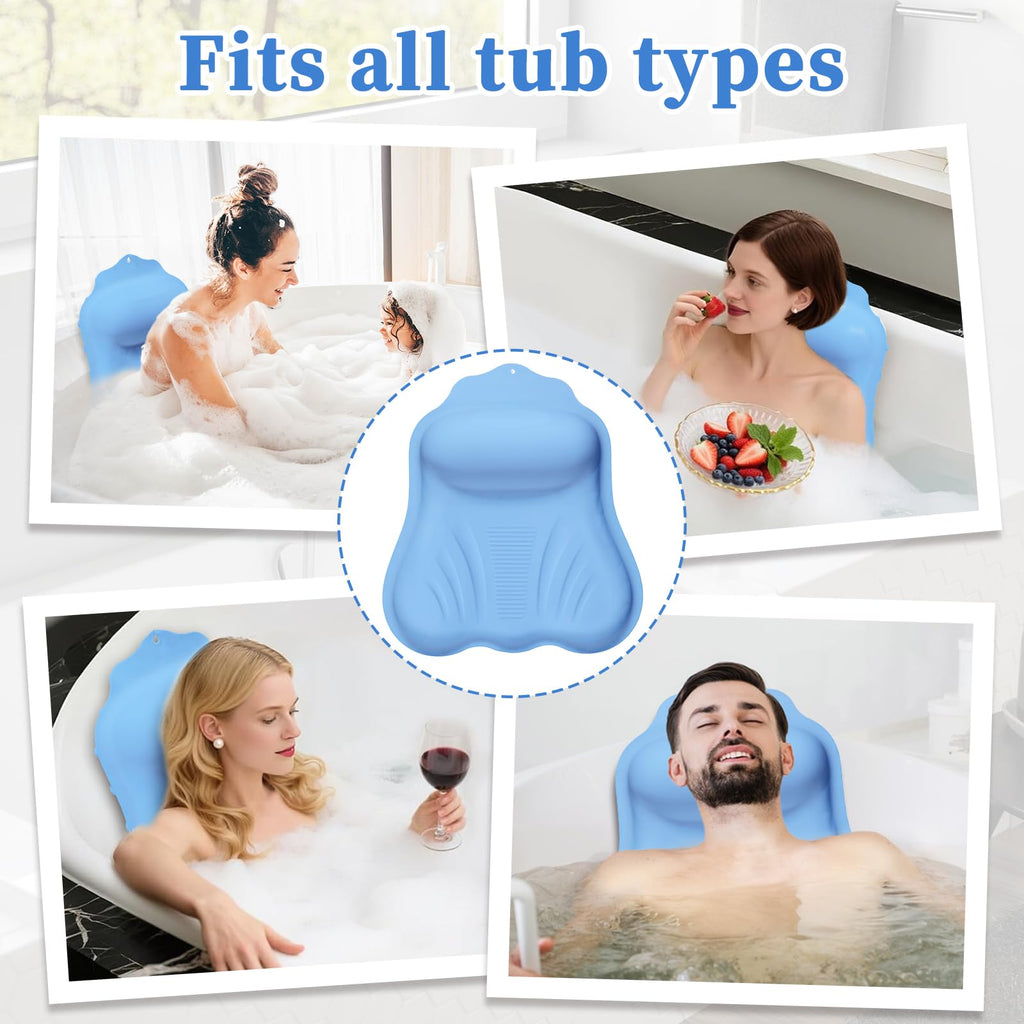 Luxury Silicone Bath Pillow for Tub, New Cloud-Soft 4D Air-Cushion Bathtub Pillow for Head and Neck & Back Support, Strong Suction Cups, Waterproof Quick-Dry Bathtub Headrest (Blue)