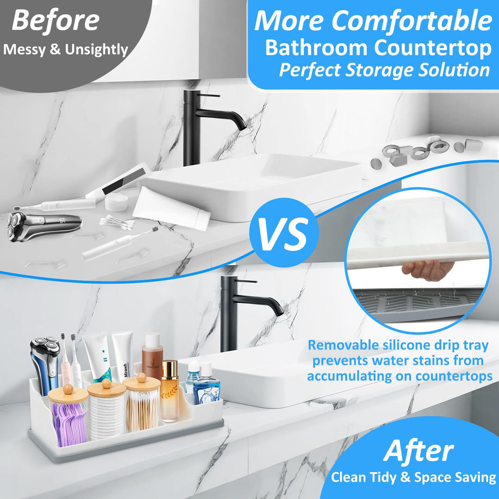 Bathroom Counter Organizer, Large White Silicone Toothbrush Holders for Bathrooms with 3PCS Qtip Holder, Bathroom Organizer Countertop Toothbrush and Toothpaste Holder for Makeup Organizer for Vanity